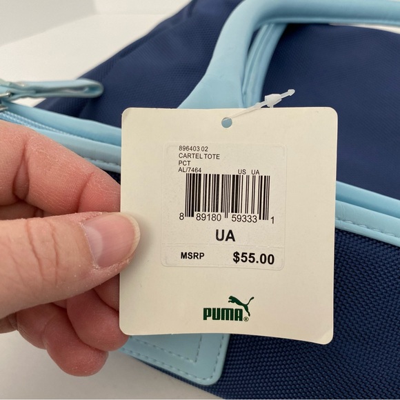 Puma Cartel Tote Bag Dark Blue with Light Blue Trim Silver Hardware Zipper NWT - Picture 16 of 16